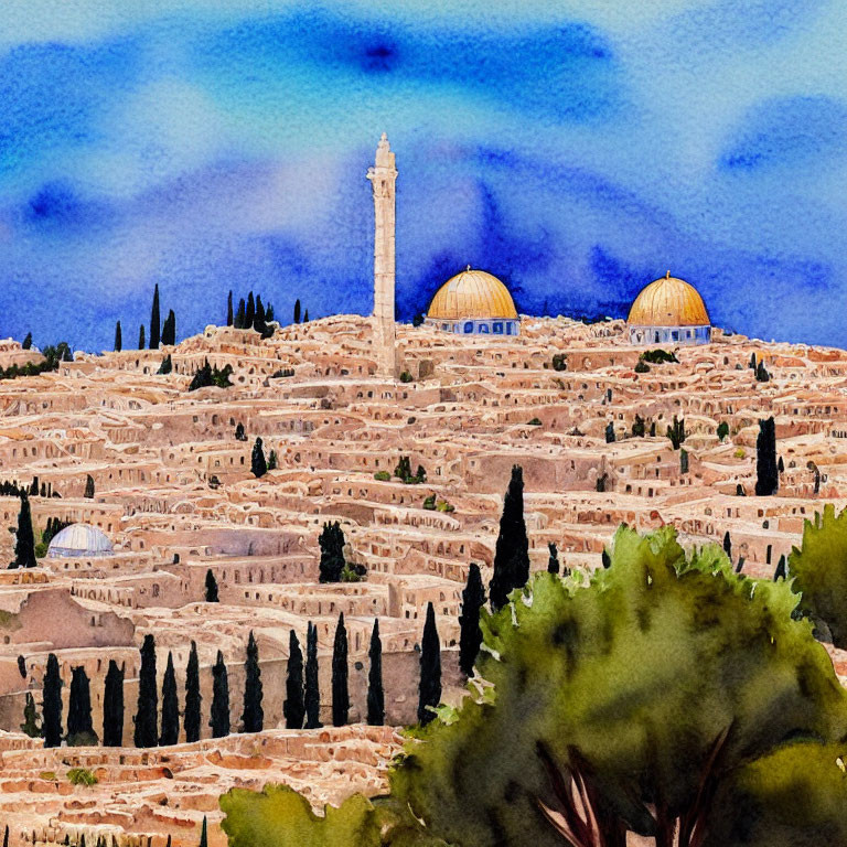 Jerusalem skyline watercolor painting with Dome of the Rock, tower, cemetery