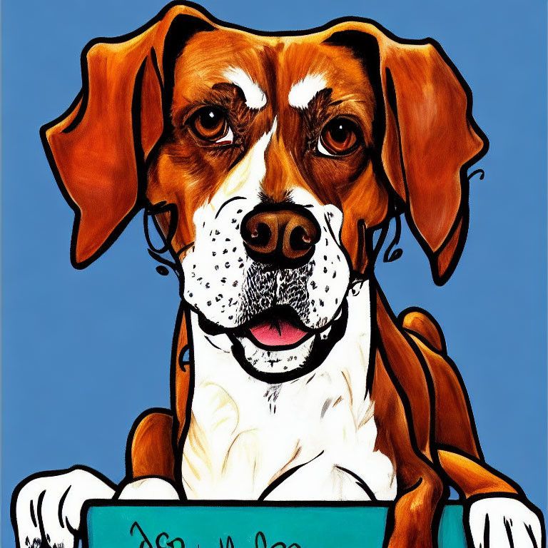Brown and White Dog Holding Sign Illustration on Blue Background