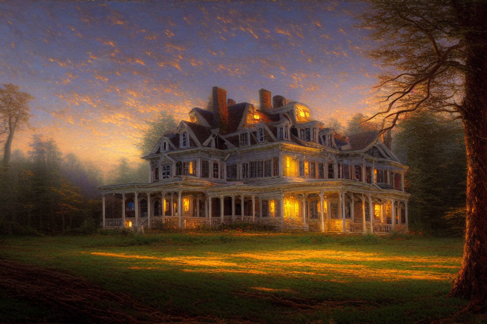 Victorian-style house in twilight forest with warm glowing lights