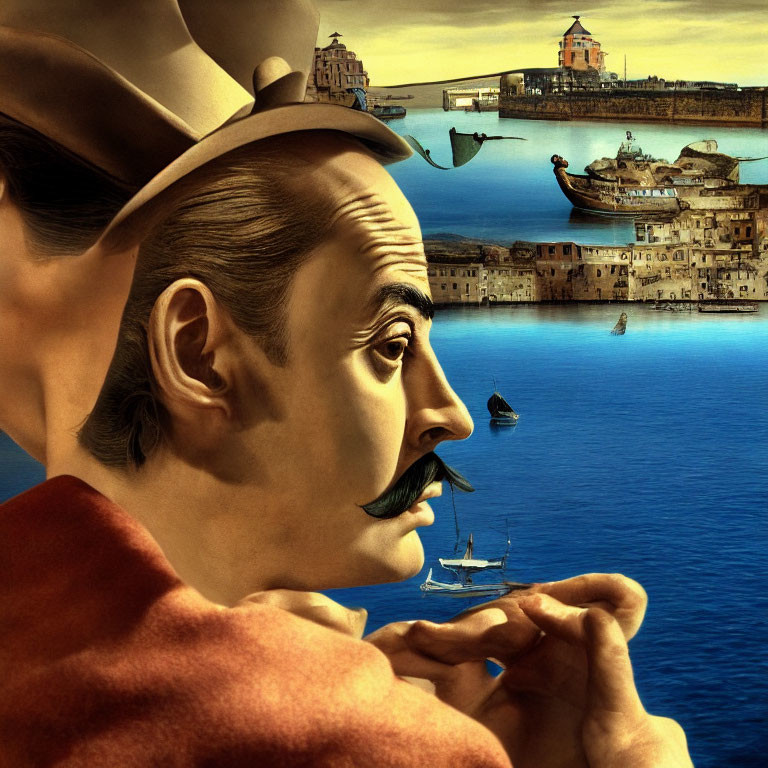 Surreal portrait blending man with exaggerated mustache into coastal cityscape