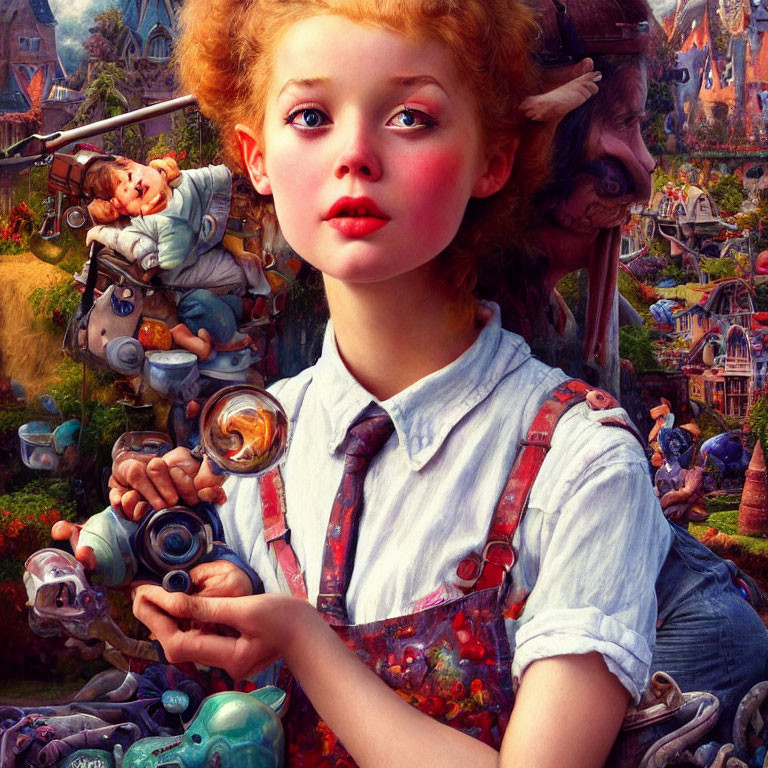 Vibrant painting featuring girl with rosy cheeks and whimsical toys.