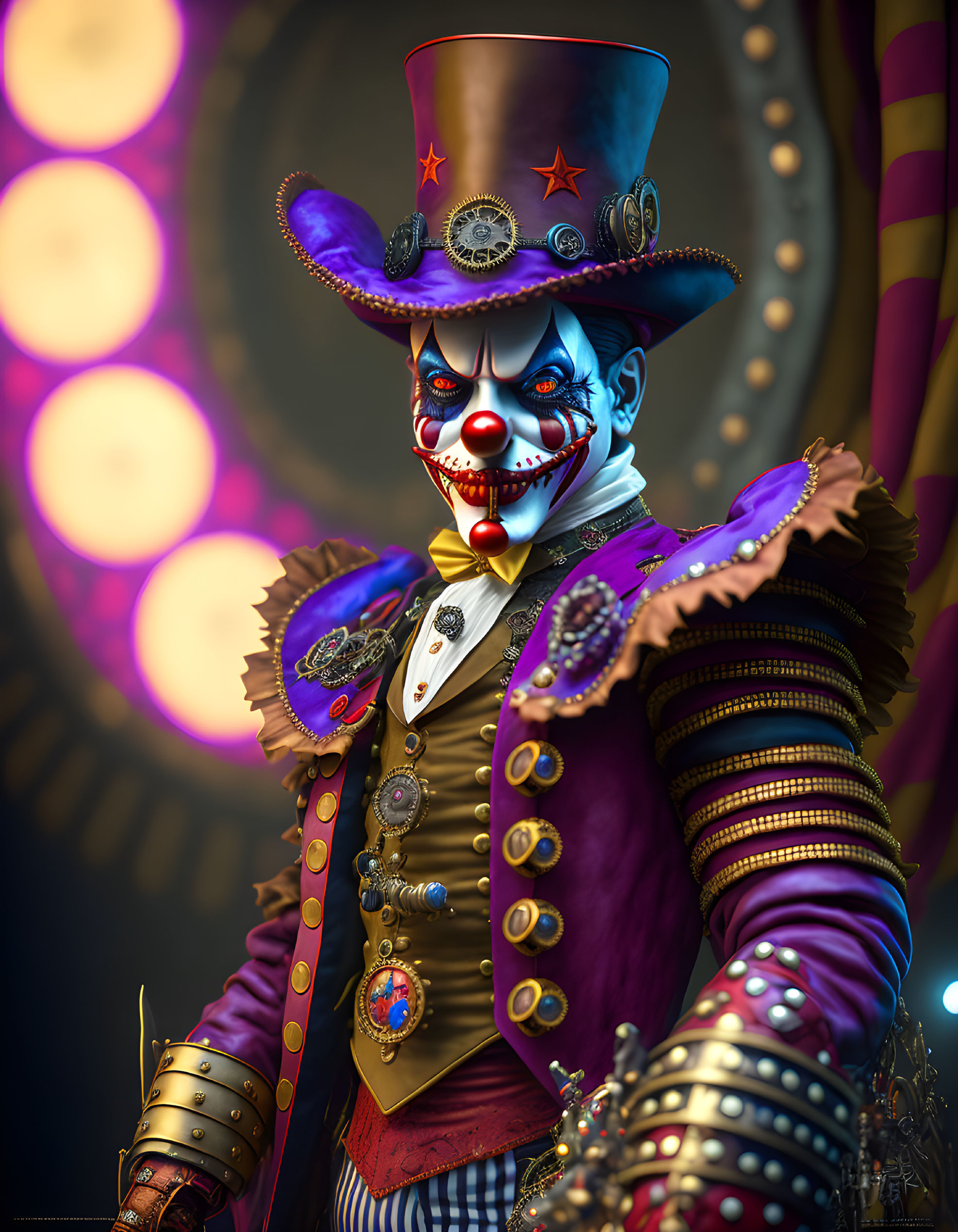 Menacing clown in purple and gold costume with top hat against circus tent backdrop