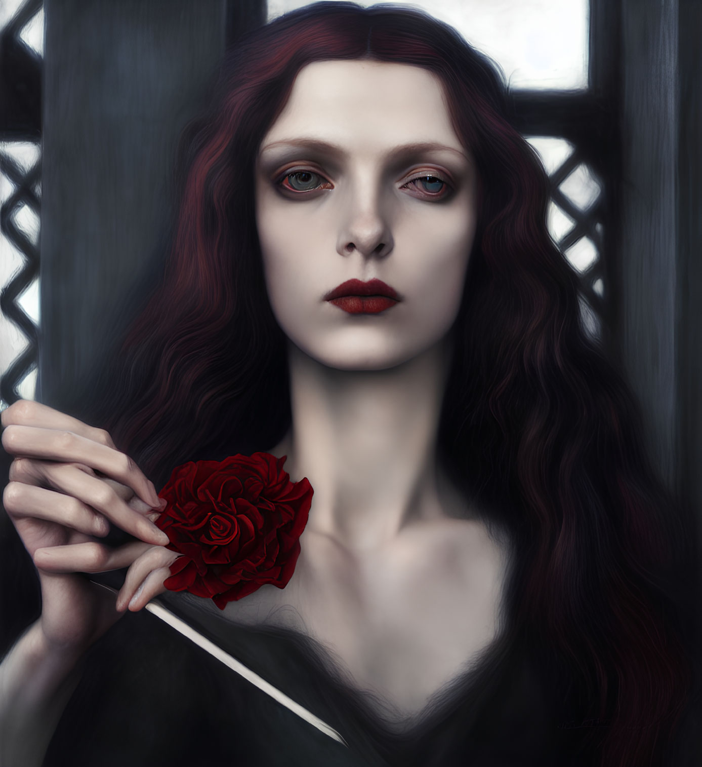 Red-haired woman holding red rose by dark window