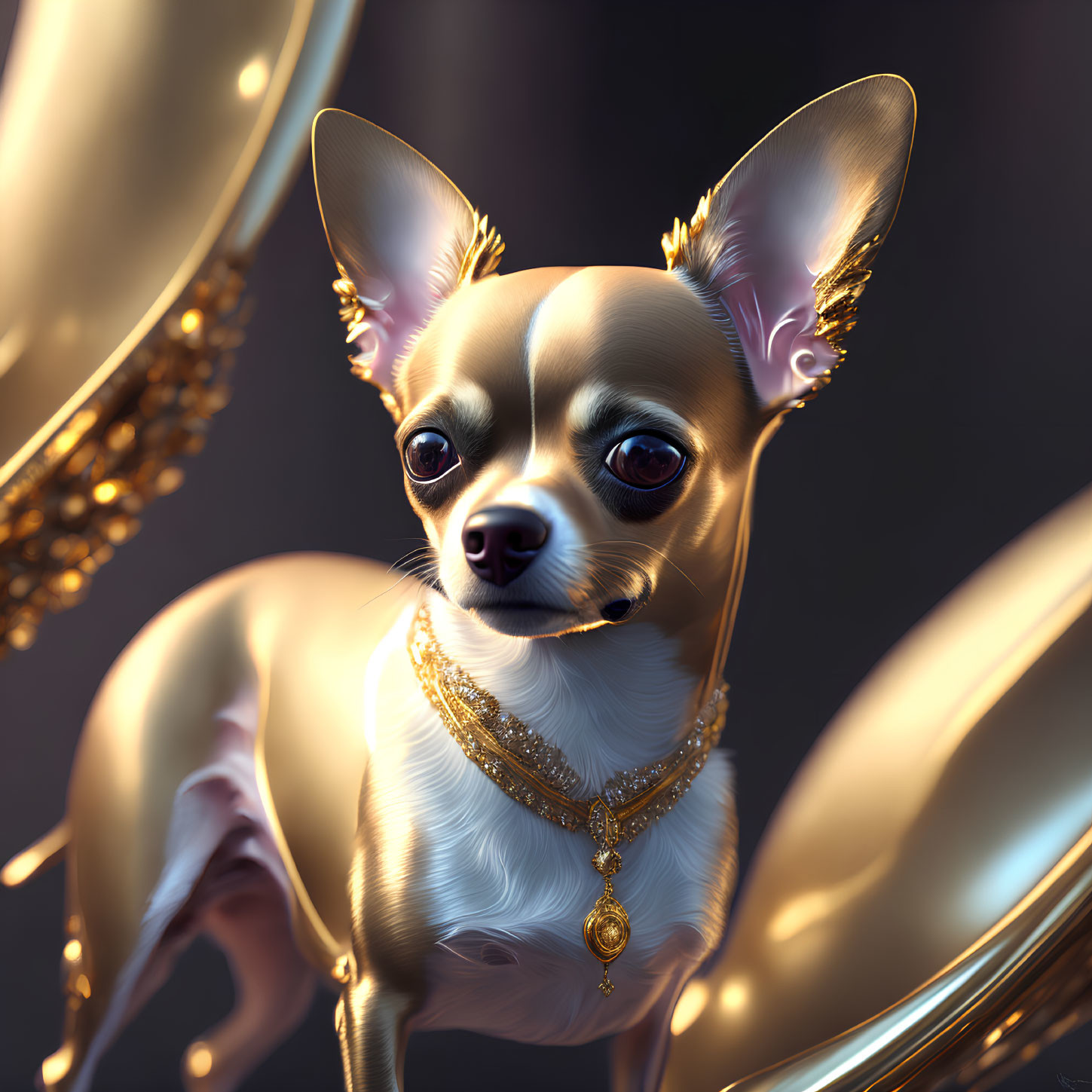 Glossy Fur Chihuahua with Golden Accessories on Blurred Background