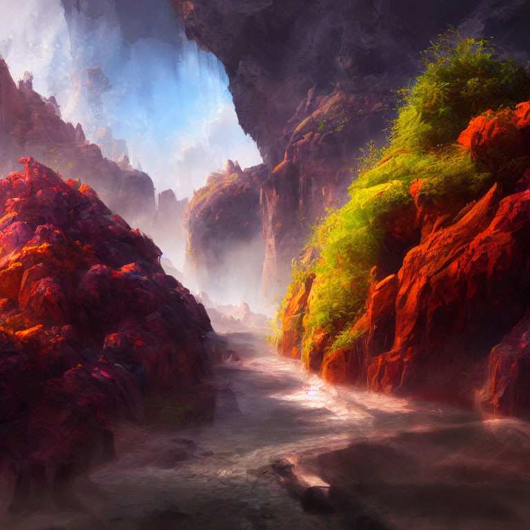 Scenic misty river in red-rock canyon with sunlight filtering through overhead crevice.
