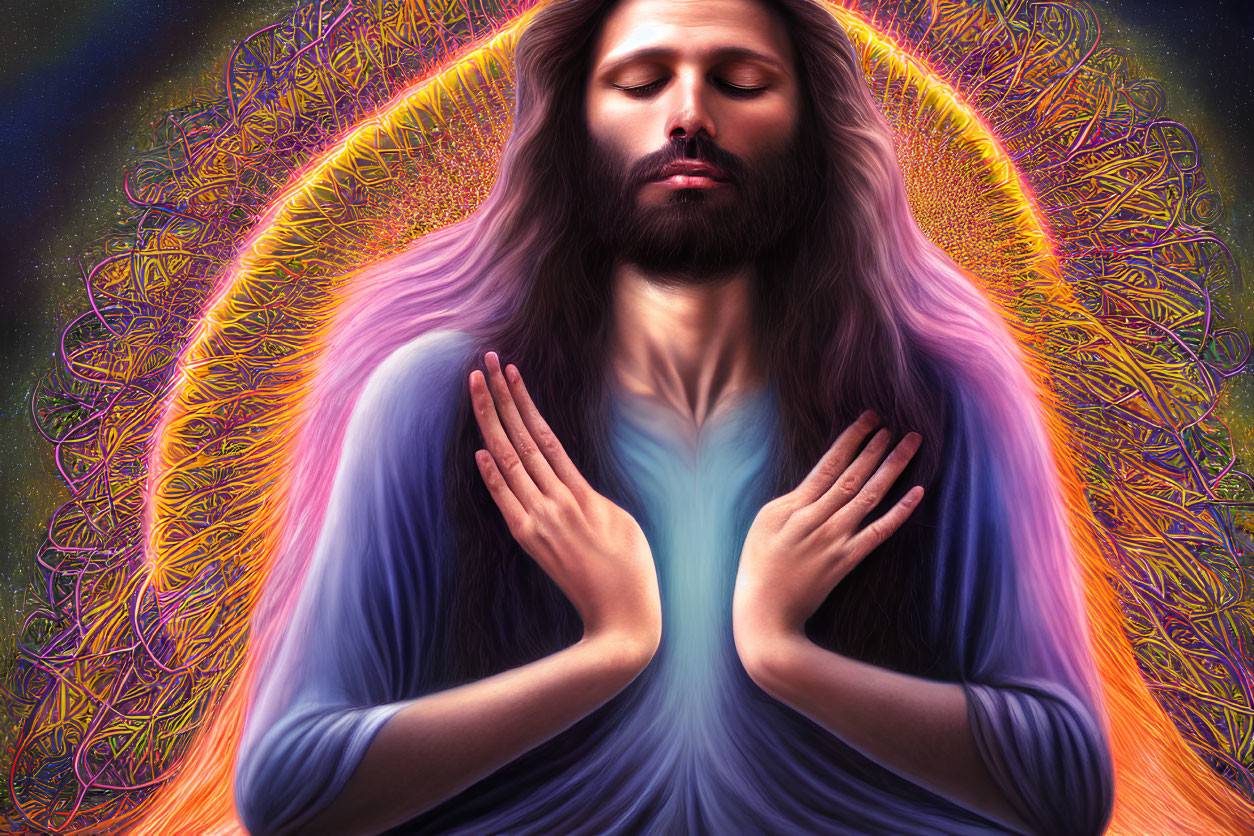 Person meditating in ornate, colorful aura with flowing hair.