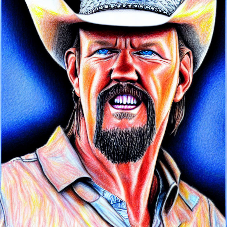 Vibrant drawing of a smiling man with beard and cowboy hat