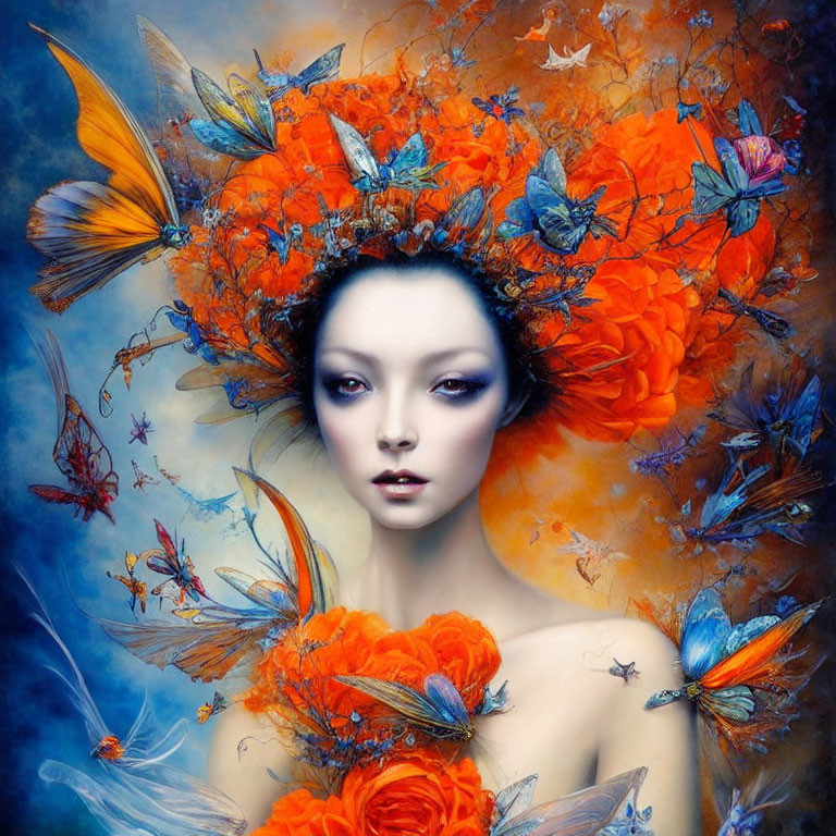 Surreal portrait of woman in orange floral attire with butterflies on blue background