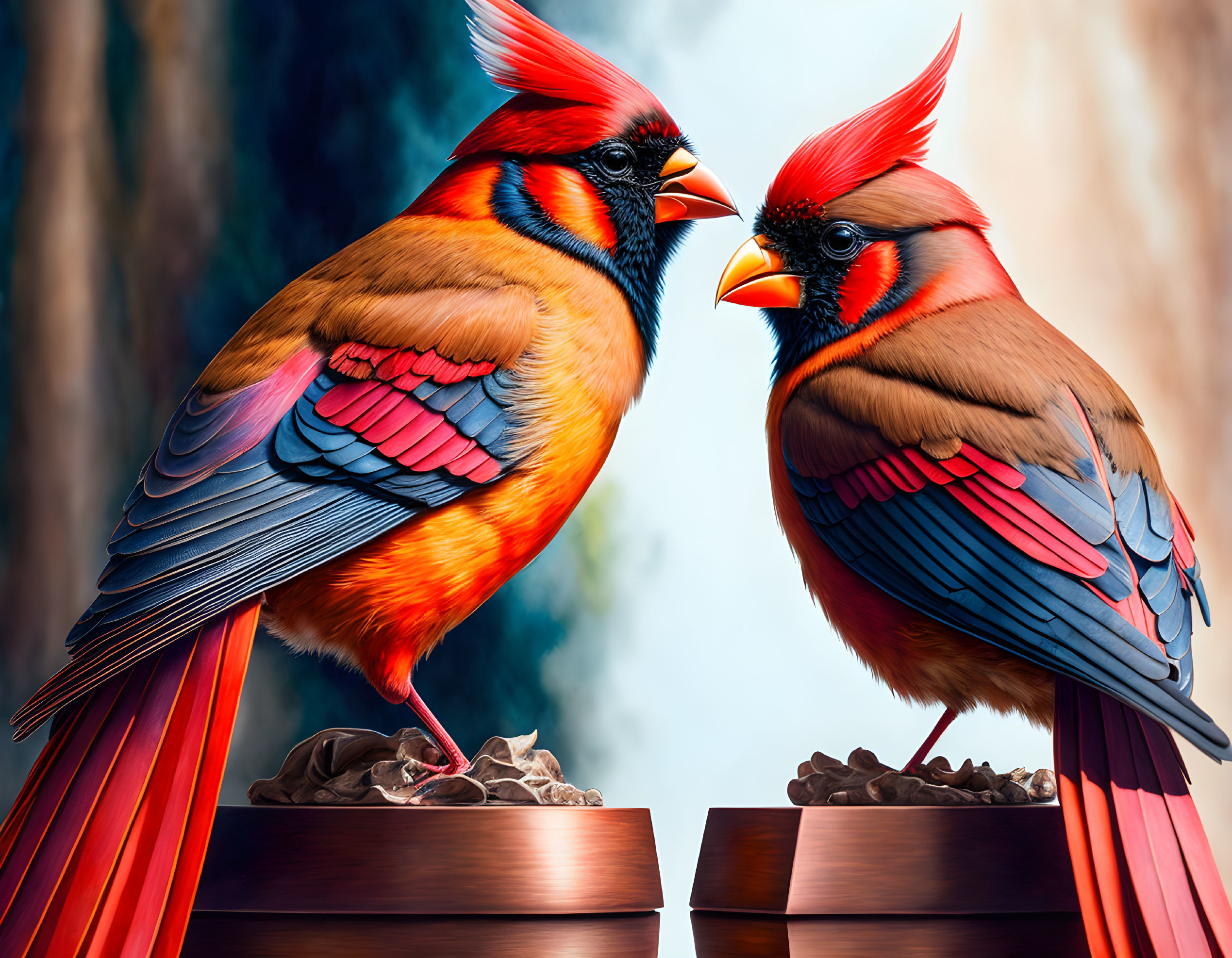 Colorful Northern Cardinals Perched on Wooden Posts
