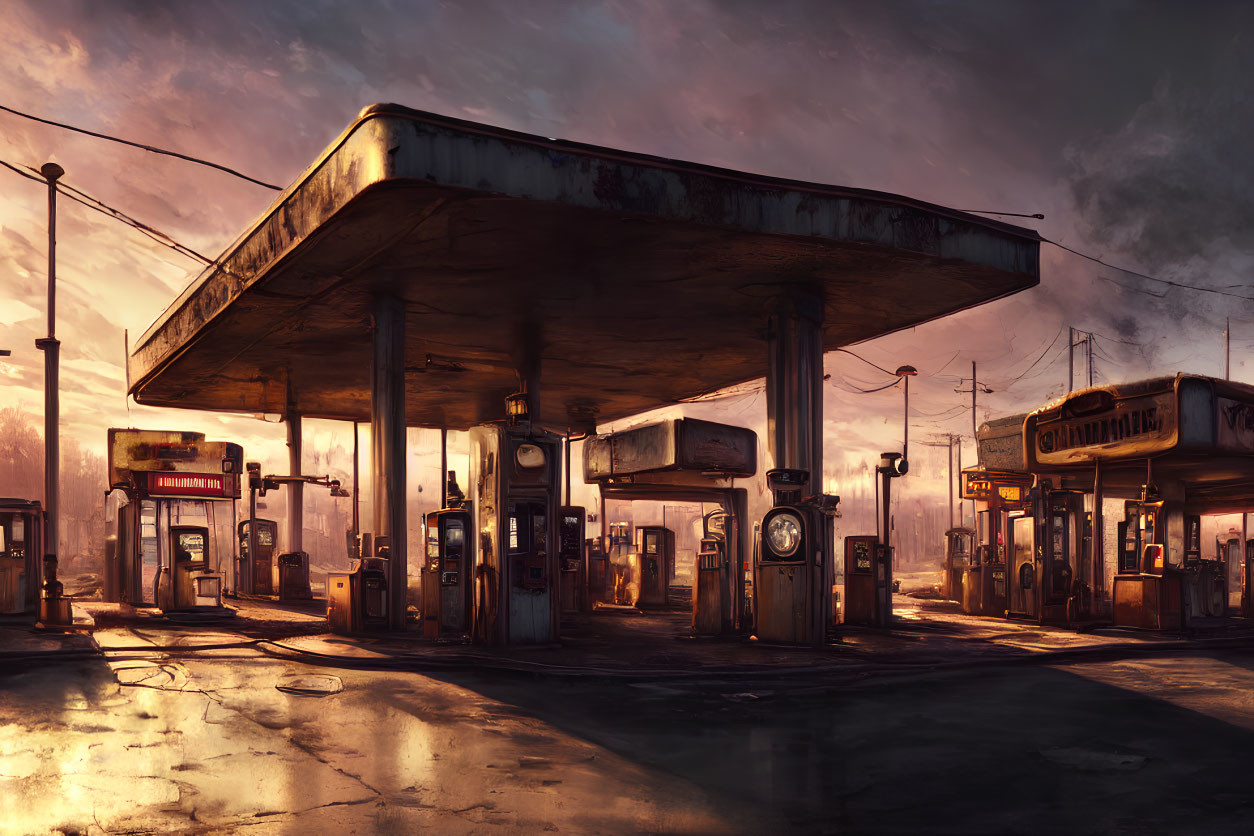 Abandoned gas station with rusty pumps and weathered canopy at sunset