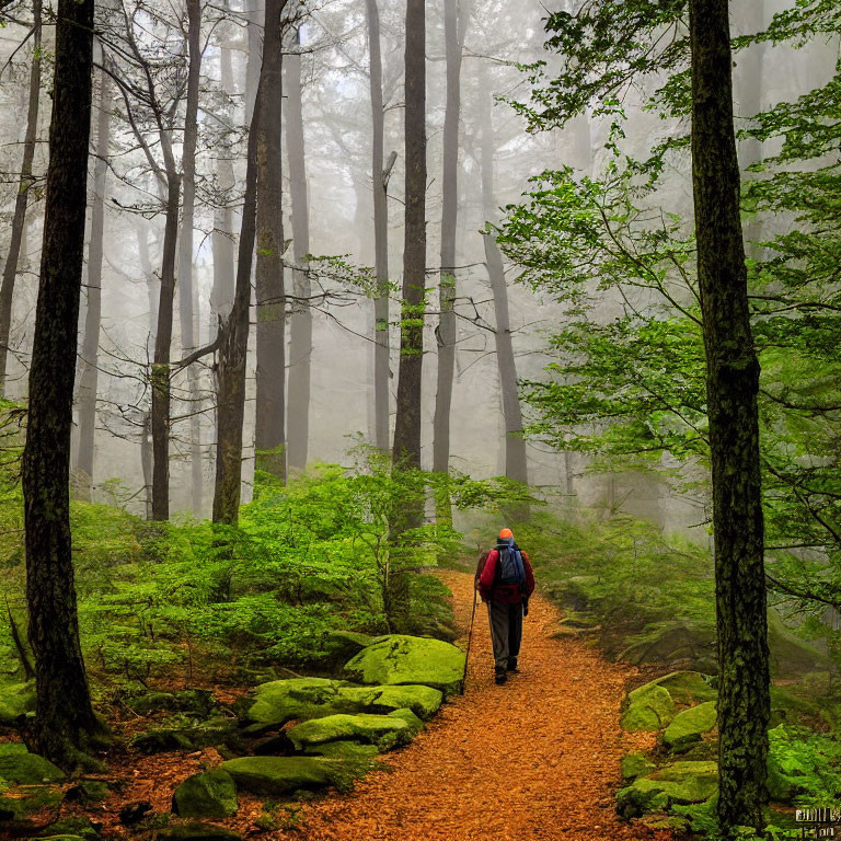 Hiker on forest trail with tall trees, mist, green foliage, and moss-covered rocks