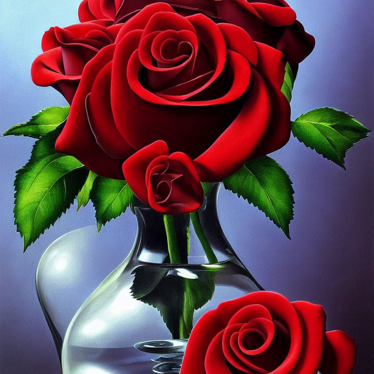 Red Roses Bouquet in Glass Vase on Blue Gradient Background