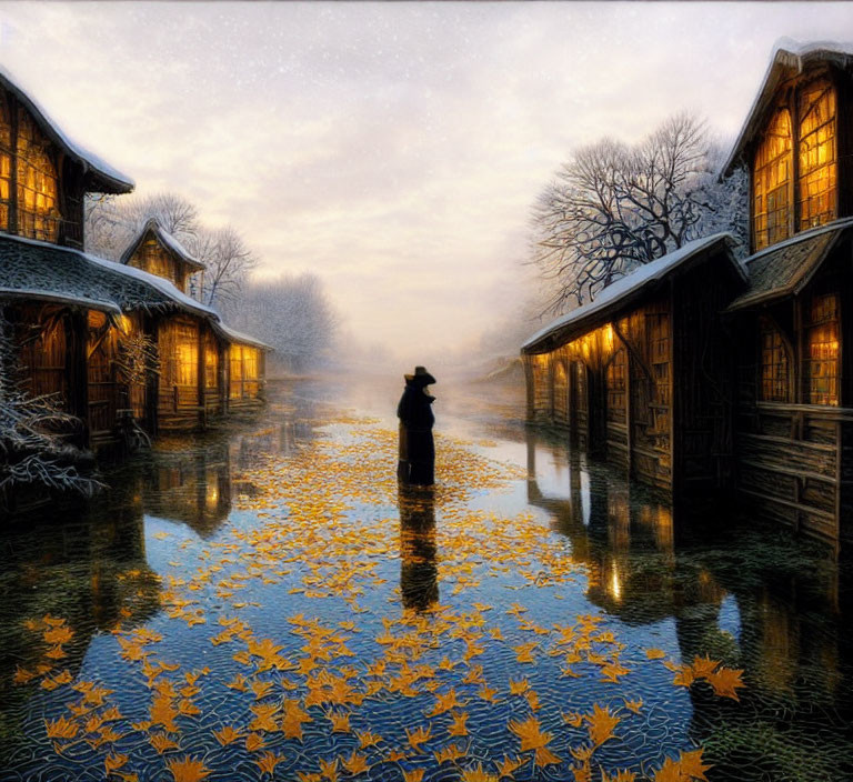 Reflective water surface with person, snow-covered houses, misty winter sky