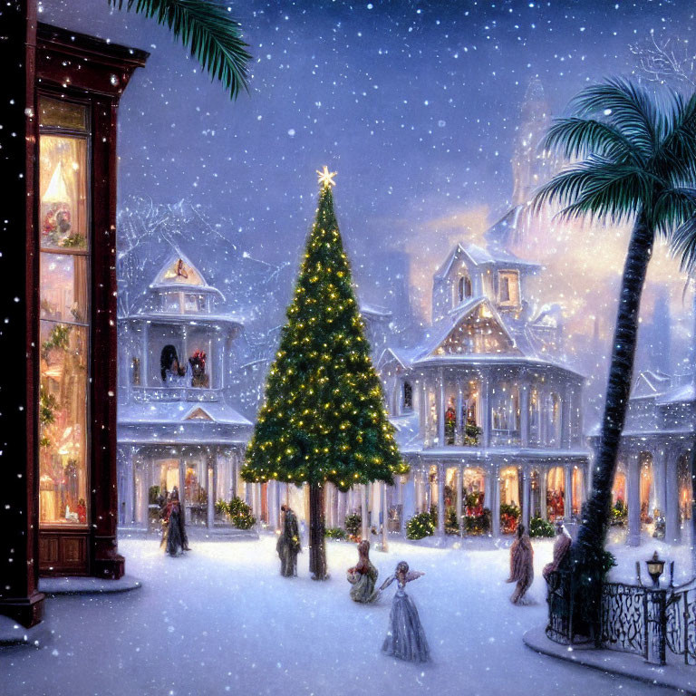 Snowy Evening Christmas Tree Gathering Scene