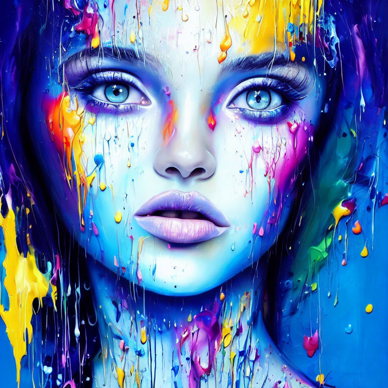 Colorful portrait of person with blue eyes and paint dribbles on face