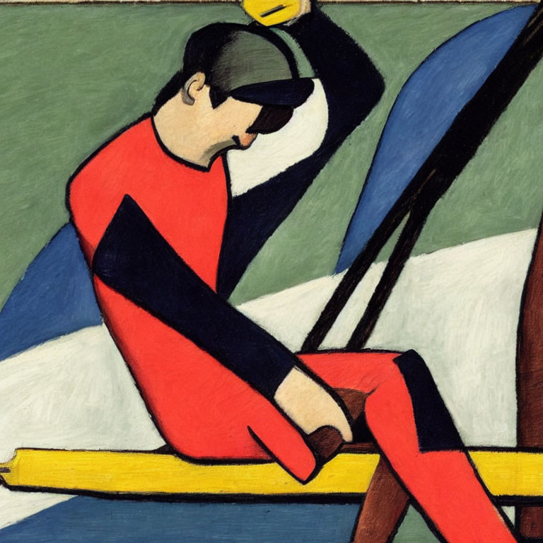 Vibrant painting of person rowing boat with bold colors