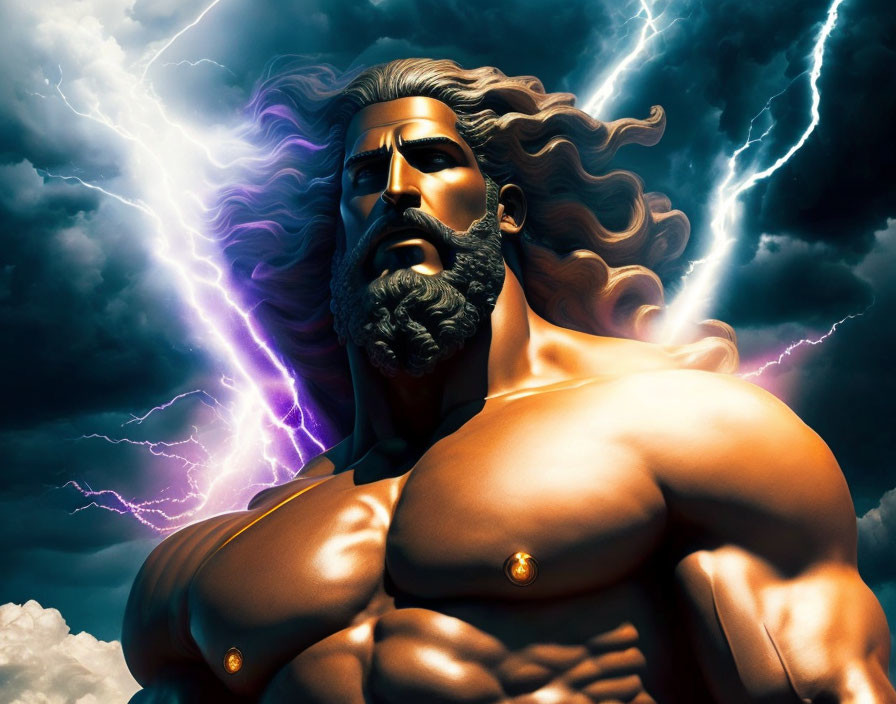 Muscular, Bearded Animated Character in Stormy Skies