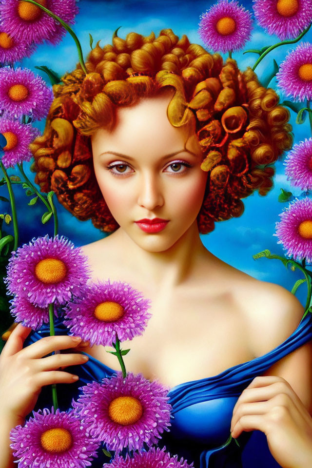 Curly Red-Haired Woman in Blue Dress Holding Pink Flowers