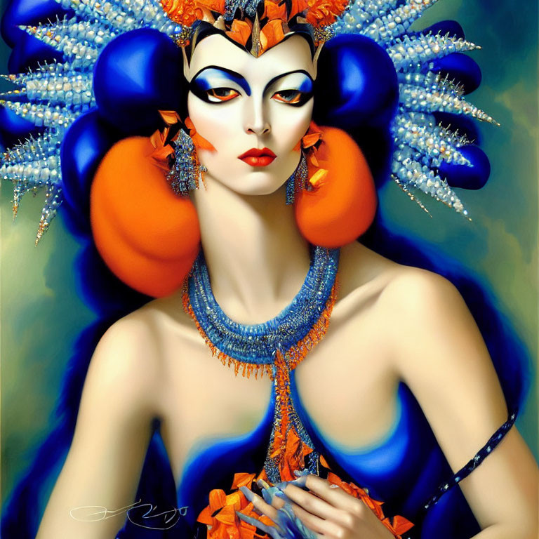 Woman depicted in elaborate blue and orange headpiece, striking makeup, pearl necklaces, and blue outfit
