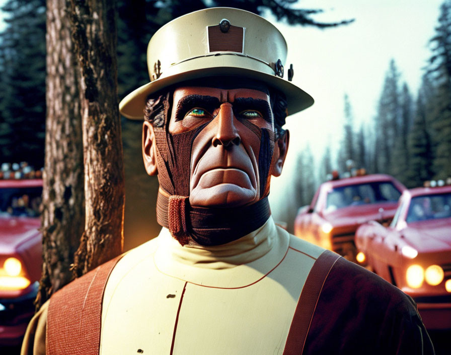Ape-like character in ranger attire by vintage cars in forest.
