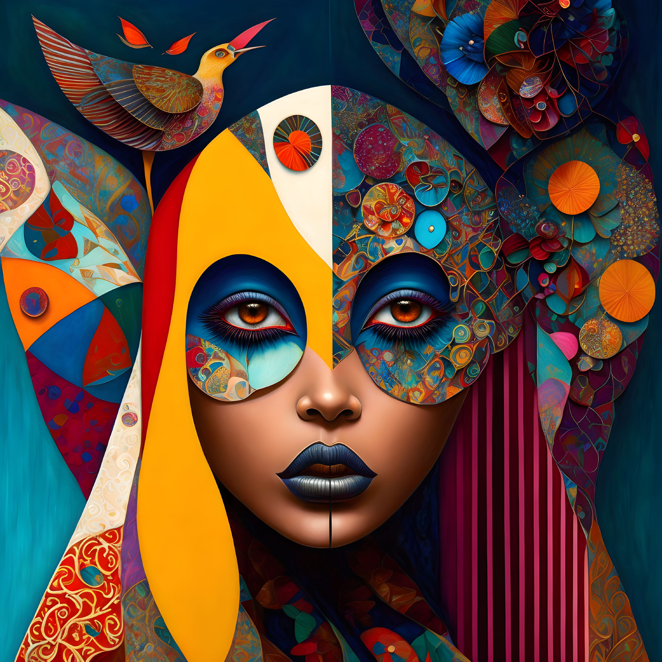 Colorful digital artwork: Woman's face with vibrant patterns and whimsical birds