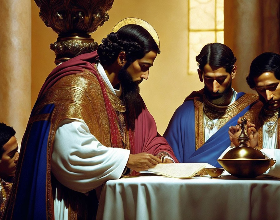 Three men in ancient robes examining a book in a classical room.