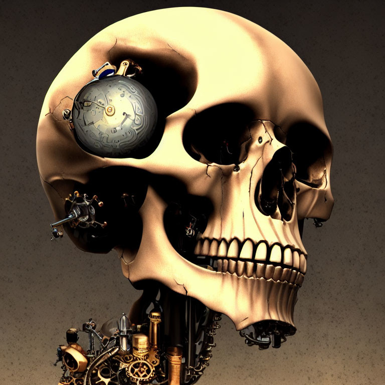 Steampunk-inspired 3D skull with mechanical gears and embedded clock