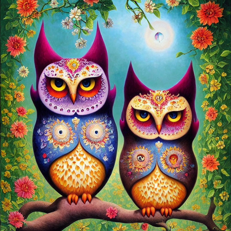 Colorful Stylized Owls Perched on Branch with Flowers in Moonlit Sky