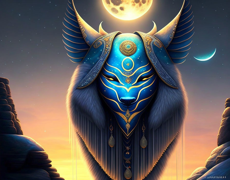 Egyptian Anubis head art with golden and blue decorations under moonlit sky