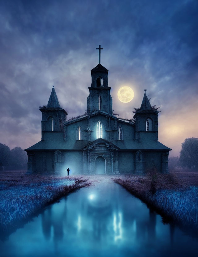 Old church under full moon with person silhouette reflected in water - moody blue twilight scene