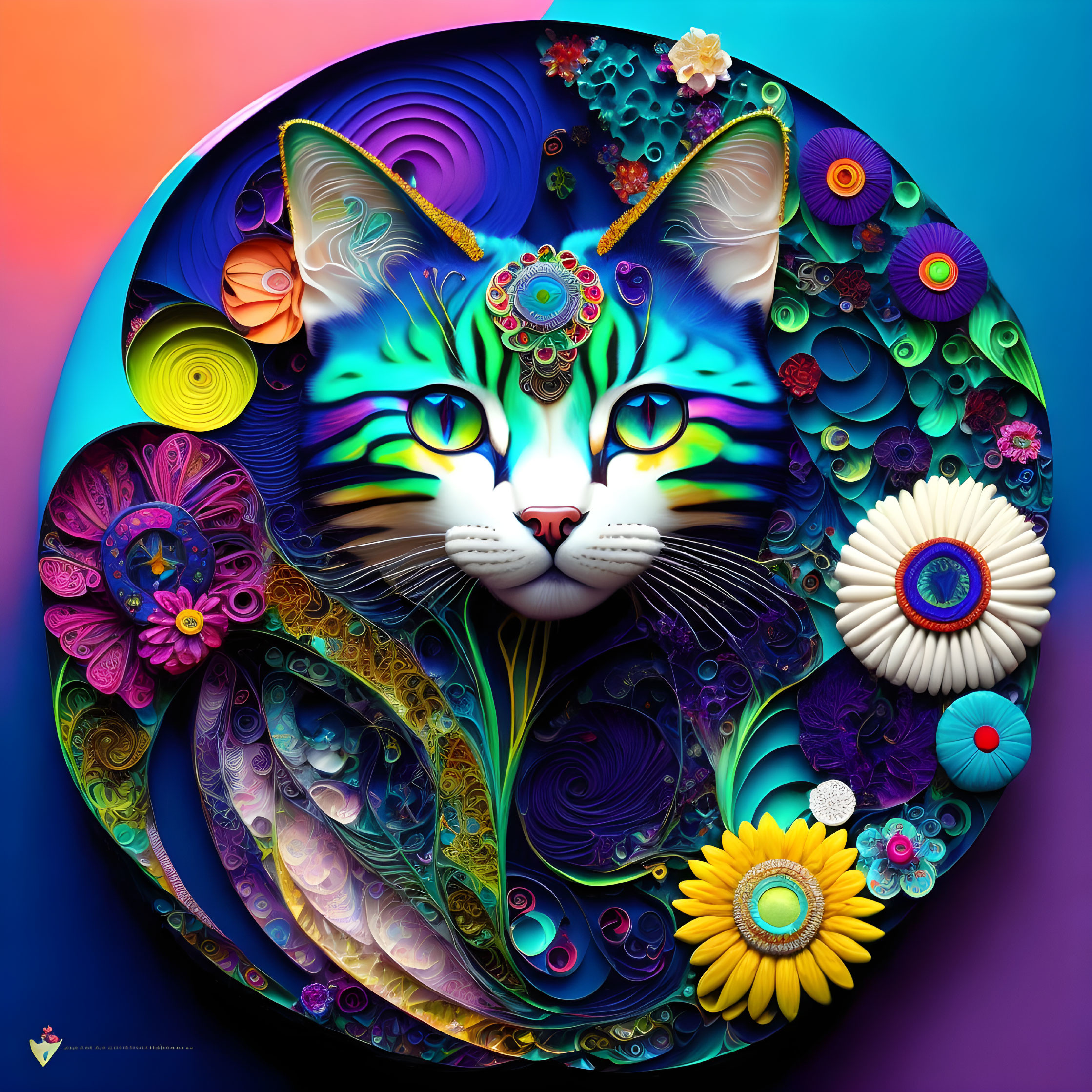 Colorful Circular Artwork: Stylized Cat Surrounded by Floral Patterns