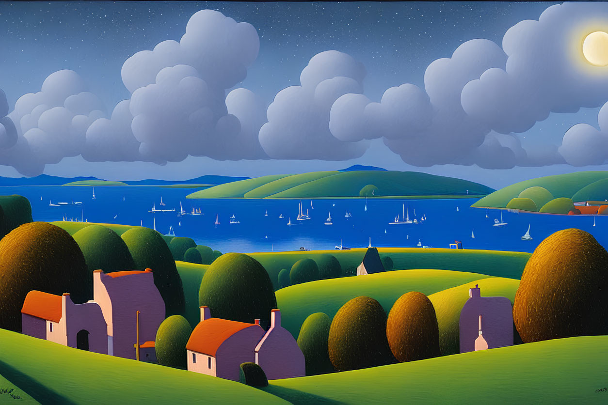 Scenic night landscape: green hills, white houses, moonlit bay, sailboats, starry