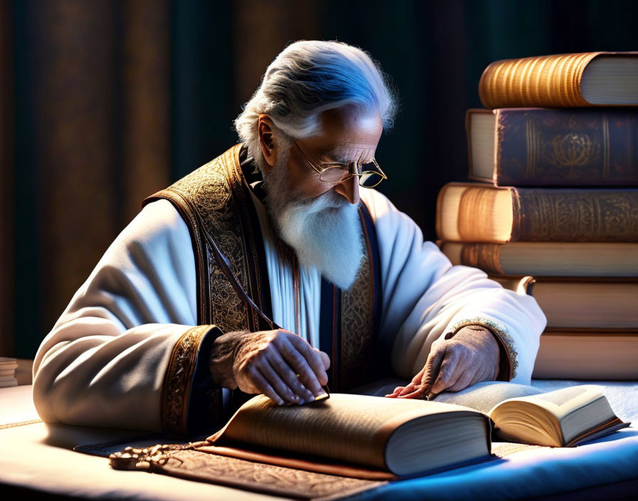 Elderly Bearded Man Writing in Traditional Robes by Candlelight