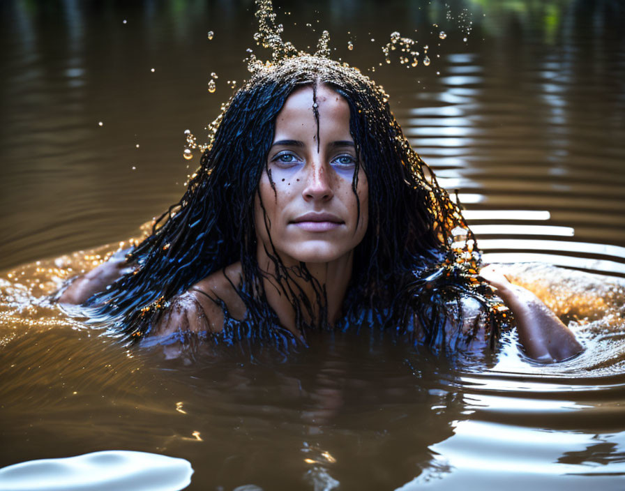 Woman emerging from dark waters with intense gaze and serene expression.