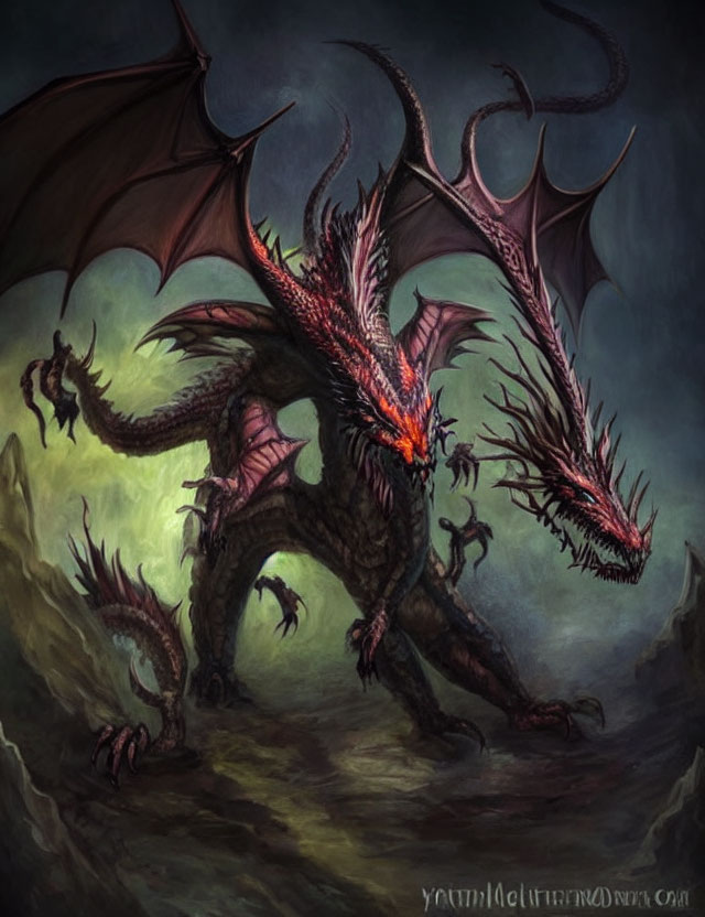 Mythical two-headed dragon on rocky terrain under dim sky