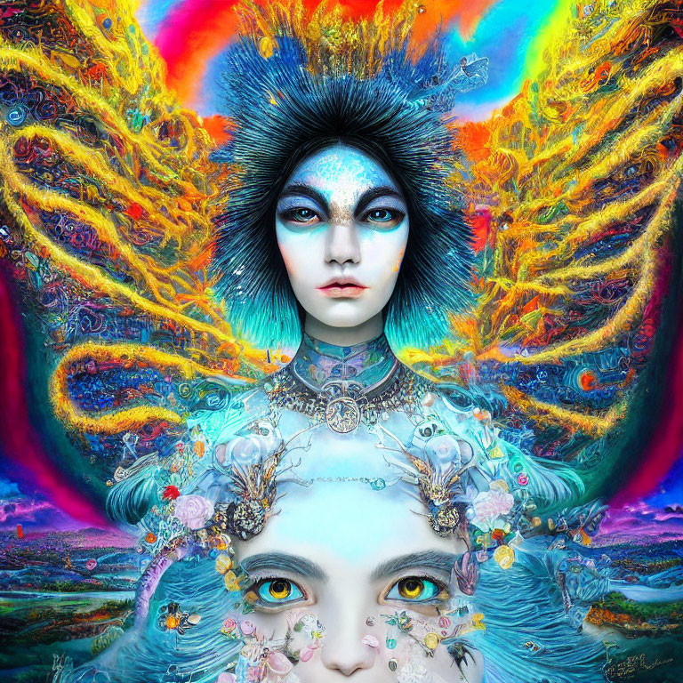 Fantastical digital artwork: Two faces with blue makeup in colorful, fiery setting