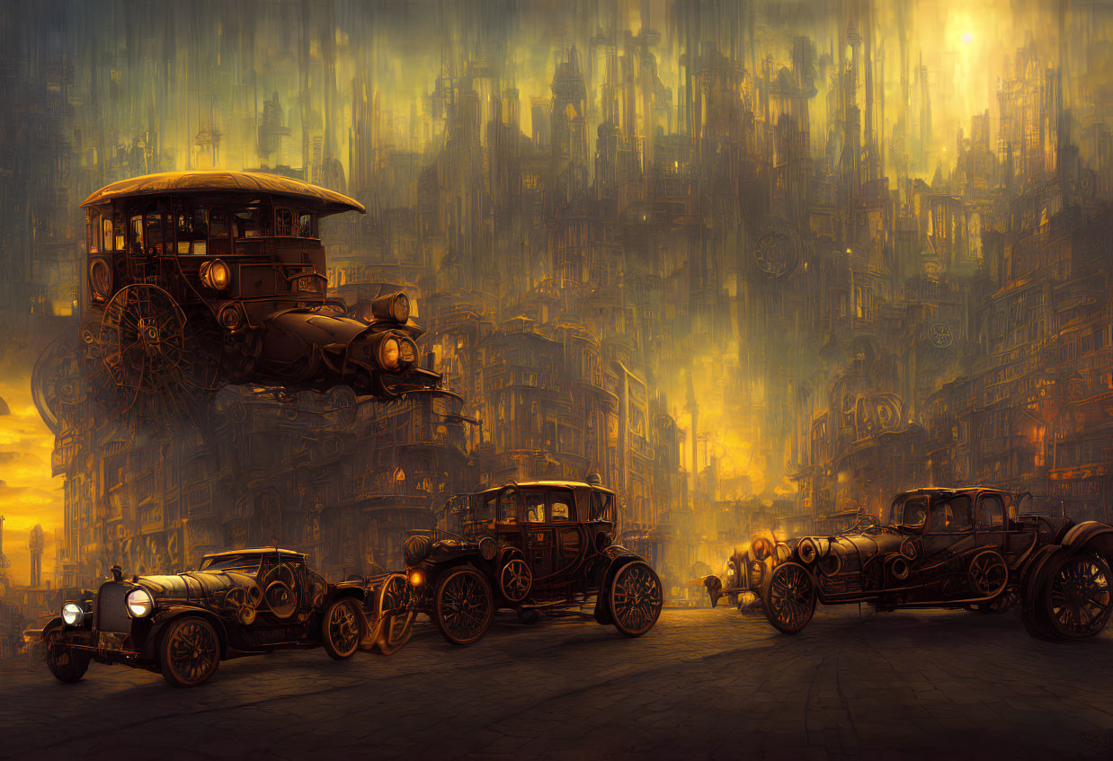 Steampunk-style vehicles on road in industrial cityscape.