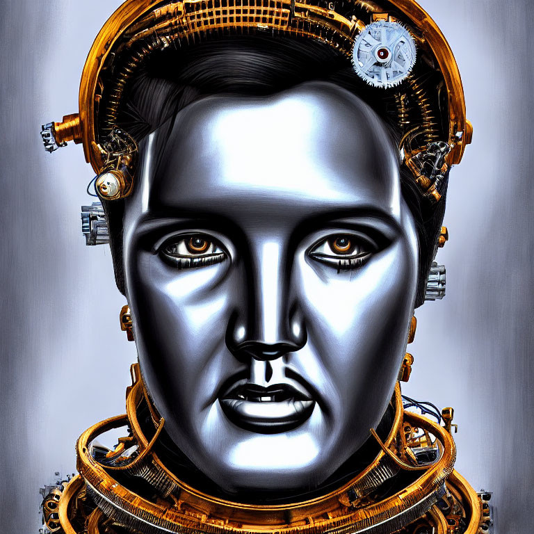 Metallic humanoid face with intricate steampunk design
