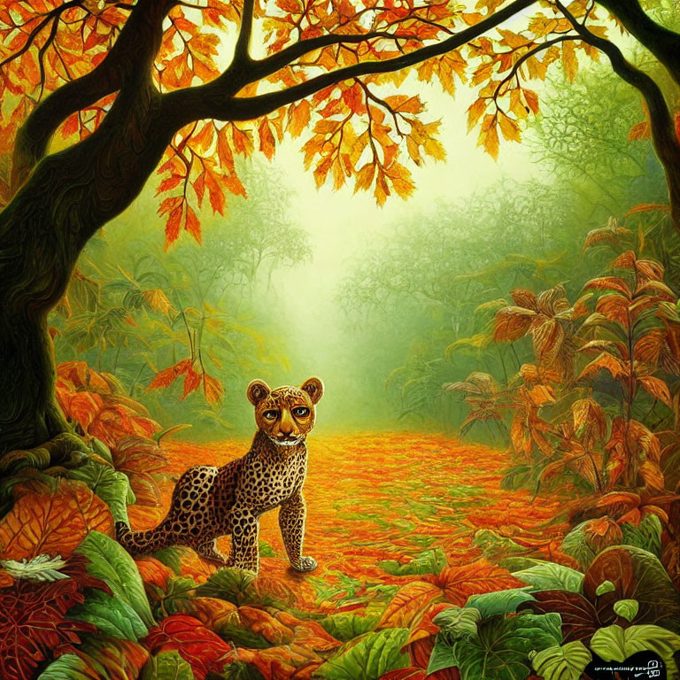 Leopard in Enchanted Forest with Autumn Foliage