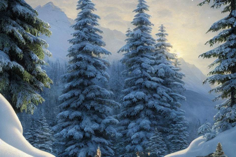 Serene winter landscape with snow-covered pine trees at sunrise