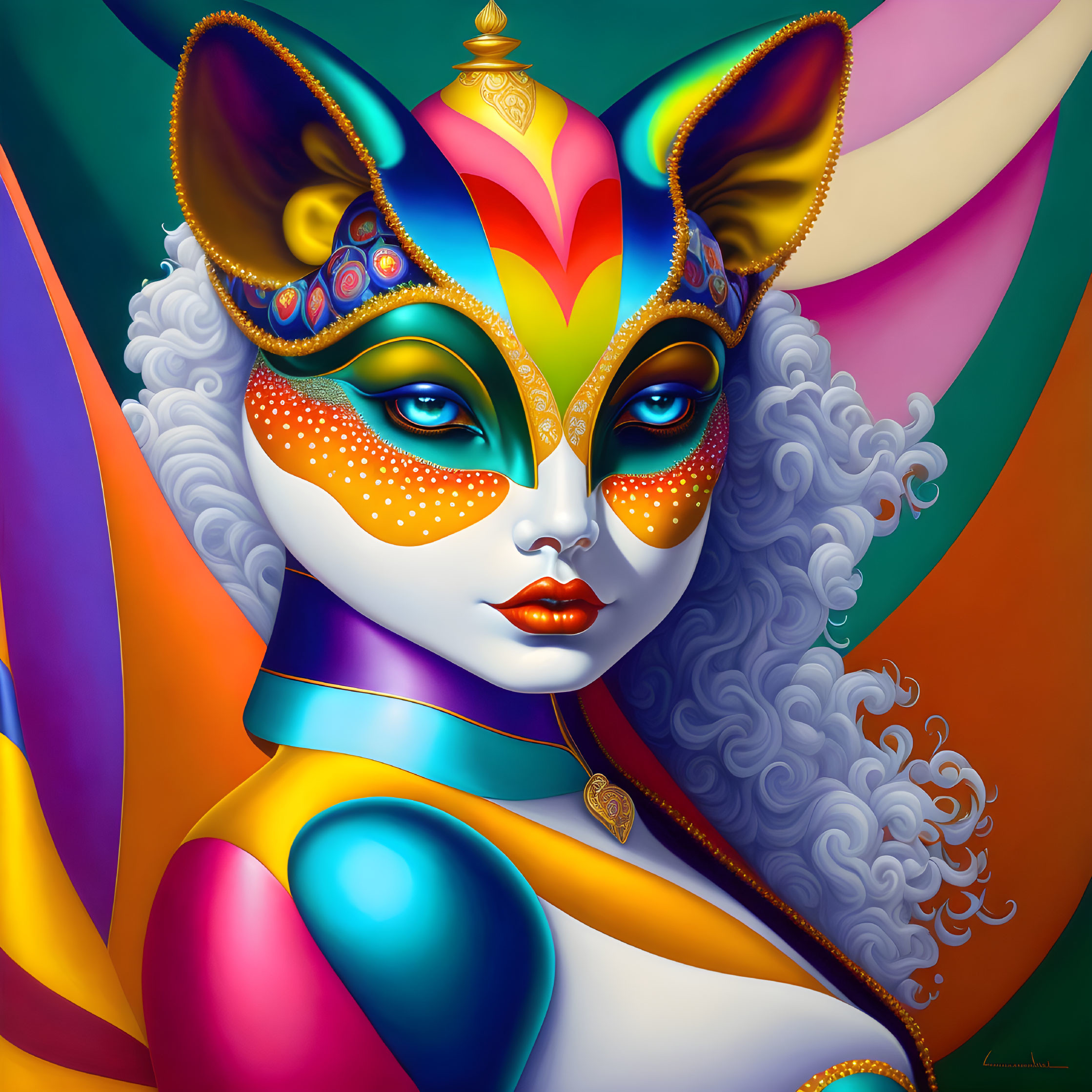Colorful Illustration of Person with Cat-Like Features in Festive Costume