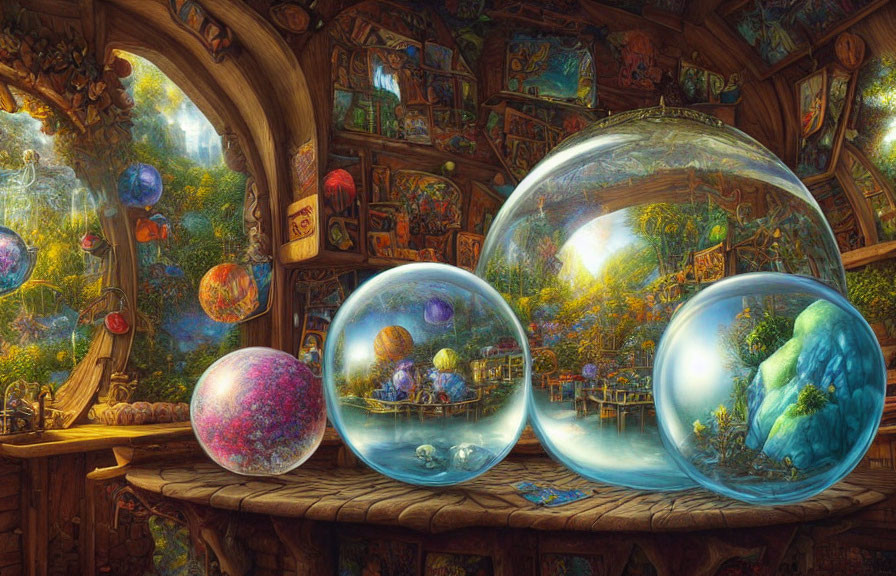 Room with books, artifacts, and miniature worlds in clear spheres