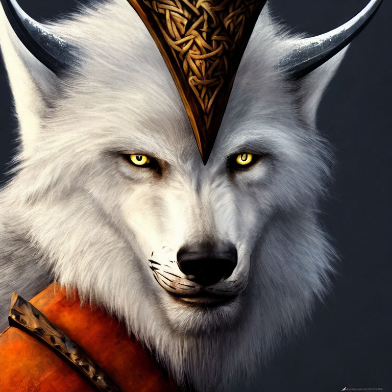 Detailed illustration of white wolf head with yellow eyes, bronze crown, and patterned leather garment