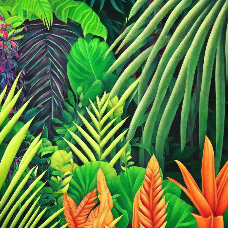 Colorful Tropical Foliage Painting with Green Leaves and Orange Flowers