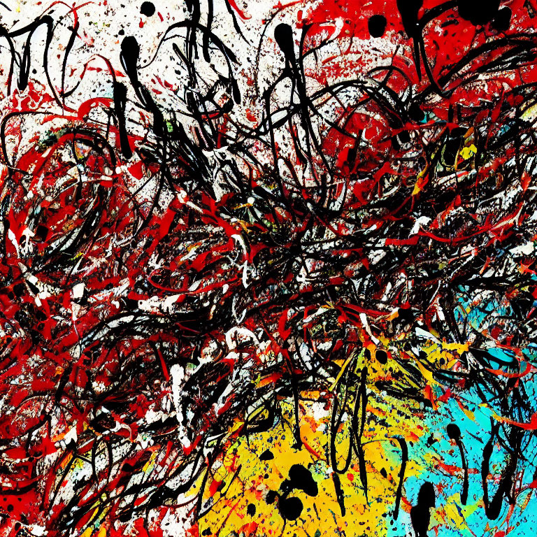 Vibrant abstract painting with energetic splatters of black, red, yellow, and white on chaotic