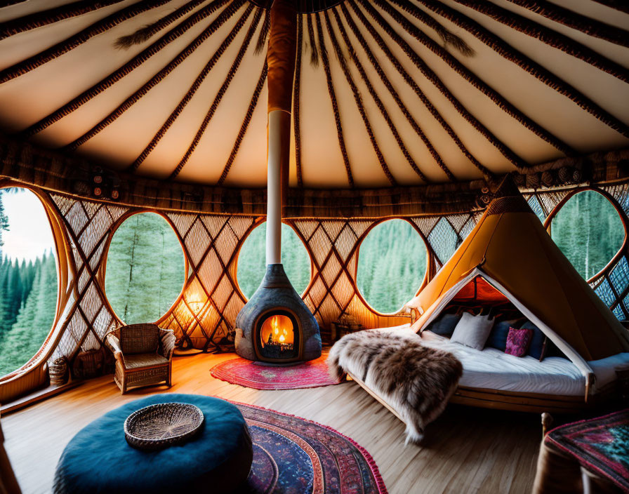 Rustic yurt interior with fireplace, circular windows, canopy bed, wooden furniture, and pattern
