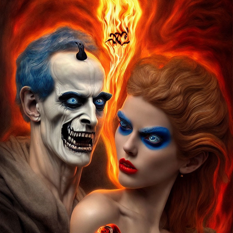 Two individuals with skull and fiery creature fantasy makeup in front of flames.