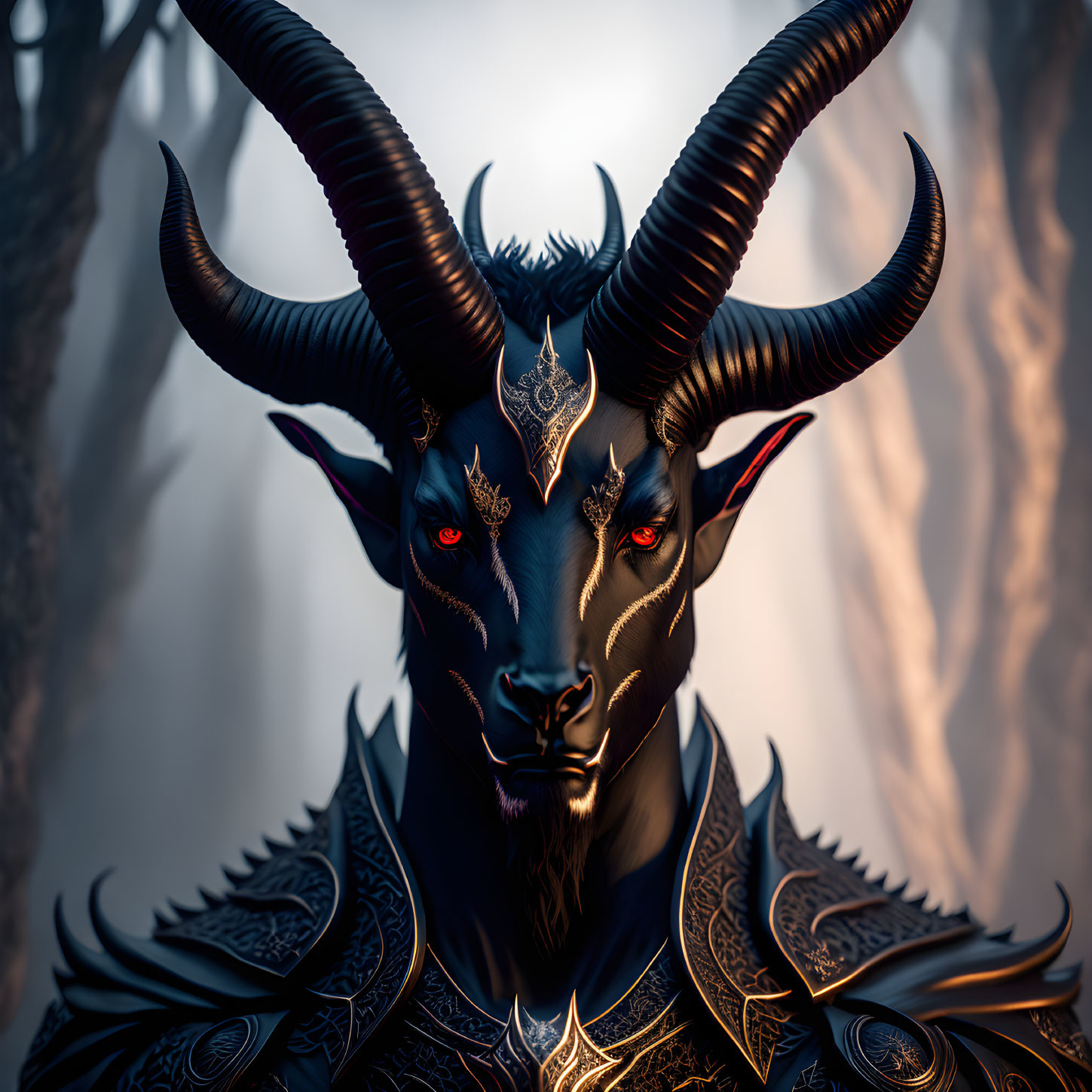 Dark creature with black fur, curved horns, and glowing eyes in intricate armor