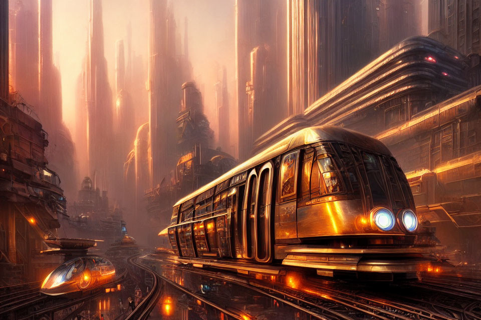 Futuristic cityscape with golden-lit skyscrapers and modern train