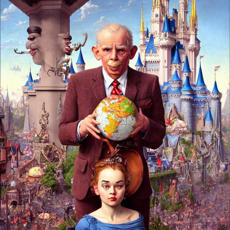 Elderly man in suit holding globe with young girl's head, surreal setting with castle and whims